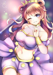 Rule 34 | 1girl, ;), artist name, artist request, blush, bracelet, breasts, brown hair, butterfly (love live!), choker, cleavage, clothing cutout, collarbone, cropped shirt, crown, detached sleeves, double bun, dress, dress shirt, earrings, female focus, gold bracelet, hair between eyes, hair bun, hair rings, harem outfit, highres, jewelry, konoe kanata, long hair, looking at viewer, love live!, love live! nijigasaki high school idol club, love live! school idol festival, medium breasts, navel, one eye closed, outdoors, parted lips, pointing, puffy short sleeves, puffy sleeves, purple eyes, purple shirt, purple shorts, shirt, short sleeves, shorts, shoulder cutout, smile, solo, sparkle, teeth, two side up, wink, yellow bracelet, yellow choker