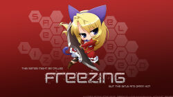 Rule 34 | 1girl, absurdres, adobe photoshop, chibi, english text, freezing (series), highres, holding, holding weapon, kim kwang hyun, looking at viewer, red background, satellizer el bridget, solo, third-party edit, vector art, vector trace, weapon
