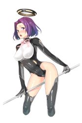 Rule 34 | 00s, 10s, 1girl, :o, adapted costume, alternate costume, between legs, black thighhighs, blush, bodysuit, breasts, covered erect nipples, covered navel, cropped legs, embarrassed, female focus, from side, glaive (polearm), gloves, glowing, groin, hair intakes, halo, headgear, highleg, highleg leotard, highres, holding, holding weapon, impossible clothes, impossible leotard, kantai collection, large breasts, leaning forward, leotard, looking at viewer, mechanical halo, neck ribbon, neon trim, ninja, nose blush, open mouth, polearm, purple eyes, purple hair, raised eyebrows, ribbon, shiny clothes, shiny skin, short hair, simple background, skin tight, solo, standing, taimanin (series), taimanin asagi, taimanin suit, tatsuta (kancolle), thighhighs, turtleneck, uyu (keyakinoki), weapon, white background