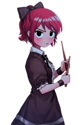Rule 34 | 1girl, black eyes, blush, bow, center frills, collared dress, commentary, dress, drumsticks, freckles, frills, h2co3 vv, hair bow, highres, kim pine, looking at viewer, neck ribbon, open mouth, ponytail, red hair, ribbon, scott pilgrim (series), short hair, short sleeves, solo, sweat, wrist cuffs