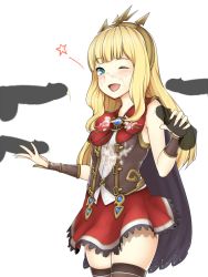 Rule 34 | 1girl, :d, aqua eyes, black cape, black thighhighs, blonde hair, blunt bangs, blush, bow, cagliostro (granblue fantasy), cape, cowboy shot, cum, cum on clothes, disembodied penis, double handjob, facial, granblue fantasy, hairband, handjob, long hair, looking at viewer, moshi (atelier33-4), multiple penises, one eye closed, open mouth, penis, red bow, red skirt, simple background, skirt, sleeveless, smile, star (symbol), thighhighs, vambraces, white background, zettai ryouiki