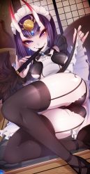 Rule 34 | 1girl, alternate costume, ass, black footwear, black thighhighs, blunt bangs, breasts, clothes lift, commentary, duster, earrings, enmaided, fangs, fate/grand order, fate (series), feather duster, garter straps, highres, horns, indoors, jewelry, lifted by self, light particles, looking at viewer, maid, maid headdress, merunyaa, on floor, oni, open mouth, purple eyes, purple hair, shoes, short hair, shuten douji (fate), skin-covered horns, skirt, skirt lift, small breasts, smile, solo, tatami, thick eyebrows, thighhighs, tsurime