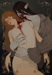 Rule 34 | 2girls, biting, black hair, blood, blood from mouth, breasts, brown hair, carmilla (novel), carmilla (novel) (character), cleavage, closed eyes, fang, fangs, fingernails, frilled sleeves, frills, hair over eyes, highres, long hair, multiple girls, mynqzo, neck biting, pointy ears, sharp fingernails, small breasts, vampire