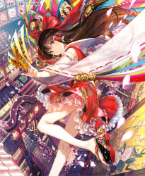 Rule 34 | 1girl, architecture, bell, bow, bridge, brown eyes, brown hair, coin, detached sleeves, dress, east asian architecture, ema, embellished costume, floral print, fuzichoco, gold, hair bow, hair tubes, hakurei reimu, koban (gold), lantern, long hair, long sleeves, looking at viewer, maneki-neko, md5 mismatch, ofuda, petals, red dress, ribbon-trimmed sleeves, ribbon trim, smile, solo, spell card, torii, touhou, town, very long hair, wide sleeves