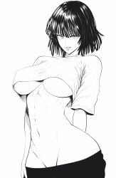 Rule 34 | 1girl, absurdres, arm behind back, black hair, breasts, fubuki (one-punch man), highres, large breasts, looking at viewer, midriff, monochrome, mostlybluewyatt, navel, one-punch man, shirt, short hair, simple background, smile, solo, standing, thighs, underboob, undressing, upper body, white background, white shirt
