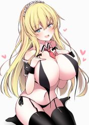 Rule 34 | 1girl, absurdres, armband, bikini, black bikini, black thighhighs, blonde hair, blush, breasts, cleavage, coat, commentary, detached collar, frilled armband, frills, garter straps, green eyes, half-closed eyes, hands on own chest, heart, highres, huge breasts, long hair, looking at viewer, maid, maid bikini, maid headdress, md5 mismatch, navel, necktie, oohoshi awai, open mouth, red necktie, saki (manga), seiza, side-tie bikini bottom, simple background, sitting, skindentation, smile, solo, swimsuit, thighhighs, trista (makkoivenus), unconventional maid, untied bikini, white background, white coat, wing collar, wrist cuffs