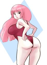 Rule 34 | 00s, 1girl, ass, bad id, bad tumblr id, blunt bangs, breasts, brown eyes, competition swimsuit, ken marinaris, large breasts, long hair, looking back, one-piece swimsuit, pink hair, radio toy, solo, swimsuit, zone of the enders, zone of the enders 2