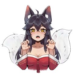 Rule 34 | 1girl, :d, absurdres, ahoge, ahri (league of legends), animal ears, banana (bananapie), bare shoulders, black hair, blush, breasts, claw pose, collarbone, commentary, cropped torso, crossed bangs, english commentary, facial mark, fangs, fox ears, fox tail, hair ornament, highres, korean clothes, large breasts, league of legends, long hair, long sleeves, multiple tails, open mouth, smile, solo, tail, teeth, upper teeth only, whisker markings, yellow eyes