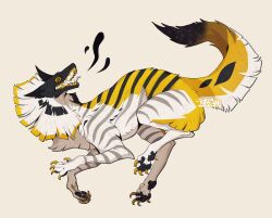 Rule 34 | animal focus, bairizuomeng, claws, colored sclera, from side, full body, highres, looking at viewer, monster, no humans, open mouth, original, pawpads, profile, sharp teeth, simple background, solo, tail, teeth, tongue, tongue out, yellow background, yellow eyes, yellow sclera, yellow teeth