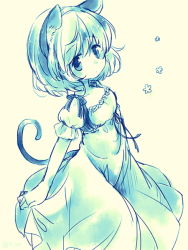 Rule 34 | 1girl, animal ears, dress, flower, monochrome, mouse ears, mouse tail, nazrin, ribbon, sen1986, skirt hold, solo, tail, touhou