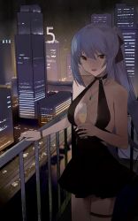 Rule 34 | 1girl, absurdres, armband, azur lane, bii bii (bronzeii002), black dress, breasts, city lights, cleavage, cowboy shot, cup, dress, drinking glass, essex (azur lane), essex (craft fairytail) (azur lane), evening gown, hand on railing, highres, holding, holding cup, jewelry, long hair, medium breasts, necklace, night, night sky, ponytail, purple hair, railing, red eyes, sky, skyline, solo, standing, wine glass