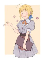 ahoge apron artoria_pendragon_(fate) black_bow blonde_hair bow breasts bun_with_braided_base closed_eyes commentary_request cowboy_shot dress duck11_rp fate/stay_night fate_(series) grey_dress hair_bun highres holding holding_menu medium_breasts menu name_tag open_mouth puffy_short_sleeves puffy_sleeves saber_(fate) short_sleeves single_hair_bun smile striped_clothes striped_dress vertical-striped_clothes vertical-striped_dress waist_apron