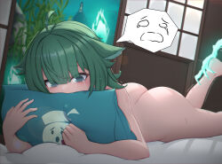 Rule 34 | 1girl, @ @, absurdres, ahoge, animal ears, ass, azmax, bed, blue fire, blush, completely nude, covered mouth, crying, energy, eyes visible through hair, feet out of frame, fire, fox ears, fox girl, green fire, green hair, grey eyes, highres, honkai: star rail, honkai (series), hugging object, huohuo (honkai: star rail), indoors, leg up, legs, lying, magic, nude, on bed, on stomach, pillow, pillow hug, shouji, sliding doors, solo, spoken expression, tail (honkai: star rail), tears, thighs, trembling