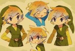 Rule 34 | 1boy, artist name, closed eyes, closed mouth, commentary, green shirt, hat, unworn hat, unworn headwear, link, looking at viewer, multiple views, nintendo, open mouth, pointy ears, shirt, short hair, simple background, smile, the legend of zelda, the legend of zelda: the wind waker, tokuura