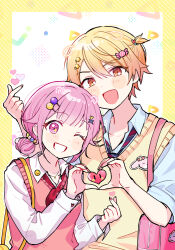 Rule 34 | 1boy, 1girl, bag, blonde hair, blush, candy hair ornament, collared shirt, commentary request, finger heart, fingernails, food-themed hair ornament, gradient hair, hair ornament, hairpin, heart, heart hands, heart hands duo, highres, jewelry, long sleeves, looking at viewer, multicolored hair, nail polish, necklace, necktie, one eye closed, ootori emu, open mouth, orange eyes, orange hair, pink eyes, pink hair, pjmiyo, project sekai, school uniform, shirt, short hair, short sleeves, star (symbol), star hair ornament, star in eye, star necklace, striped necktie, sweater vest, symbol in eye, tenma tsukasa, upper body, white shirt