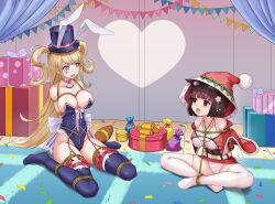 Rule 34 | + +, 2girls, :d, animal ear headwear, animal ears, arms behind back, azur lane, bare shoulders, blonde hair, blue leotard, blush, bound, bound arms, breasts, brown hair, cat ears, cat girl, christmas, cleavage, coat, commentary request, cropped jacket, ears down, fake animal ears, full body, gift, groin, guam (azur lane), guam (stage-setting charmer) (azur lane), haimei1980, happy, heart sticker, highres, hood, hood up, hooded coat, indoors, large breasts, leotard, long hair, looking at another, medium breasts, medium hair, miniskirt, multiple girls, off shoulder, on floor, open mouth, pom pom (clothes), purple eyes, red coat, red eyes, red skirt, shibari, sitting, skirt, smile, sticker on face, strapless, strapless leotard, thighs, very long hair, white leotard, yamashiro (azur lane), yamashiro (holiday offensive) (azur lane)