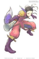 Rule 34 | 1girl, animal ears, black eyes, black hair, breasts, breath of fire, breath of fire iv, bun cover, capcom, closed mouth, commentary, dress, eyeshadow, full body, gloves, gofelem, gun, looking at viewer, makeup, short hair, simple background, solo, tail, ursula (breath of fire), watermark, weapon, white background