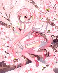 Rule 34 | 1girl, absurdly long hair, blush, boots, cherry blossoms, dango, detached sleeves, flower, food, from behind, full body, hair flower, hair ornament, hatsune miku, kneeling, long hair, looking back, nardack, pink eyes, pink footwear, pink hair, pink theme, pink thighhighs, sakura miku, skirt, solo, thigh boots, thighhighs, tree, twintails, very long hair, vocaloid, wagashi