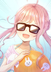 Rule 34 | 1girl, :d, ahoge, ball, black-framed eyewear, blue background, blush, collarbone, commentary request, dutch angle, emphasis lines, facing viewer, holding, holding ball, kantai collection, long hair, makigumo (kancolle), minarai shachou, open mouth, pink hair, shirt, short sleeves, sidelocks, smile, solo, sunglasses, testicles, twintails, v-shaped eyebrows, white shirt