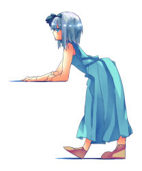 Rule 34 | 1girl, arm support, bare arms, bare legs, bare shoulders, black bow, black hairband, blue eyes, blush, bow, brown footwear, commentary request, dress, expressionless, full body, green dress, hair bow, hairband, highres, ikuya@, konpaku youmu, looking ahead, pleated dress, profile, shadow, short hair, silver hair, simple background, sleeveless, sleeveless dress, solo, touhou, white background