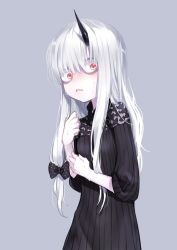 Rule 34 | 1girl, albino, bags under eyes, black bow, black dress, bow, commentary, cowboy shot, cowering, dress, fate/grand order, fate (series), grey background, hair bow, hair over eyes, hands up, horns, lavinia whateley (fate), long hair, looking at viewer, looking to the side, open mouth, polka dot, polka dot bow, red eyes, ribbed dress, scared, simple background, solo, sweat, triangle mouth, waka (shark waka), white hair, wide-eyed