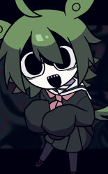 Rule 34 | 1girl, 9chrono0, abstract background, absurdres, ahoge, alternate costume, alternate eye color, bags under eyes, black background, black serafuku, black shirt, black skirt, commentary request, empty eyes, foreshortening, from above, green hair, hair flaps, hands up, head tilt, highres, legs apart, letterboxed, long hair, long sleeves, looking at viewer, low ponytail, neckerchief, open mouth, outside border, pink neckerchief, pleated skirt, sailor collar, school uniform, serafuku, shaded face, sharp teeth, shirt, skirt, sleeves past fingers, sleeves past wrists, solo, standing, teeth, voicevox, white sailor collar, wide-eyed, zundamon