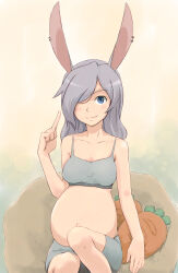 Rule 34 | 1girl, absurdres, animal ears, big belly, blue eyes, carrot-shaped pillow, collarbone, earrings, grey hair, hair over one eye, highres, jewelry, long bangs, long hair, midriff, mutou youshun, navel, original, pillow, pointing, pointing up, pregnant, rabbit ears, rabbit girl, shorts, sitting, smile, solo, sports bra