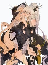 Rule 34 | 2girls, arknights, black dress, black footwear, black headwear, black nails, blonde hair, blue eyes, bonnet, cheek-to-cheek, closed mouth, commentary, demon horns, dress, eyelashes, feather trim, hair between eyes, hand in another&#039;s hair, hand on another&#039;s face, heads together, highres, holding, holding own hair, horns, latutou1, light smile, lips, lipstick, long hair, looking at viewer, makeup, multiple girls, nail polish, nightingale (an elegy) (arknights), nightingale (arknights), official alternate costume, parted lips, pointy ears, ponytail, red eyes, shining (arknights), shining (silent night) (arknights), shoes, silver hair, simple background, smile, strap, symbol-only commentary, thighs, very long hair, white background