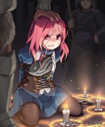 Rule 34 | 10s, 1girl, armor, bad id, bad pixiv id, black pantyhose, bound, breastplate, candle, corruption, cygames, injury, kneeling, len (a-7), luciella, magic circle, pantyhose, pink eyes, pink hair, shingeki no bahamut, staff, tied up (nonsexual)