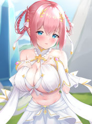 Rule 34 | 1girl, aqua eyes, bare shoulders, benedia, blurry, blurry background, blush, braid, braided hair rings, breasts, cleavage, commentary request, criss-cross halter, day, detached sleeves, gem, hair ornament, hair ribbon, hair rings, halterneck, hands on own chest, highres, large breasts, looking at viewer, navel, outdoors, parted lips, princess connect!, red hair, ribbon, skirt, solo, standing, twin braids, white skirt, yui (ceremonial) (princess connect!), yui (princess connect!)