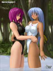 Rule 34 | 2girls, breasts, competition swimsuit, covered erect nipples, female focus, forest, high cut kingdom, multiple girls, nature, nyanko batake, one-piece swimsuit, original, outdoors, plant, speedo (company), swimsuit, wedgie