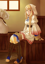 Rule 34 | 1girl, agrias oaks, angelsyndrome, armor, bag, belt, blonde hair, blush, boots, box, braid, breasts, brown eyes, brown footwear, brown gloves, cloak, female focus, final fantasy, final fantasy tactics, fingerless gloves, full body, gameplay mechanics, gloves, greaves, hair over shoulder, hood, hooded cloak, indoors, knee pads, long hair, long sleeves, looking at viewer, medium breasts, robe, sack, single braid, sitting, solo, sp sc, thigh boots, thighhighs, twin braids, underbust, white mage, white mage (fft), white mage (final fantasy), window, wooden floor, yellow eyes