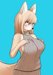 Rule 34 | 1girl, absurdres, alternate breast size, animal ear fluff, animal ears, animal nose, bare shoulders, blonde hair, blue background, blush, body fur, breasts, closed mouth, constricted pupils, covered collarbone, female focus, fox ears, fox girl, fox tail, furry, furry female, grey sweater, hands on own chest, hands up, highres, jeifier (korfiorano01), large breasts, long hair, looking down, original, sideboob, sidelocks, simple background, sleeveless, sleeveless sweater, snout, solo, standing, sweat, sweater, tail, two-tone fur, upper body, white fur, yellow eyes, yellow fur