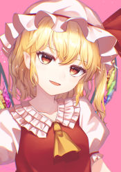 Rule 34 | 1girl, blonde hair, commentary request, crystal, fang, flandre scarlet, hat, hat ribbon, highres, kisamu (ksmz), looking at viewer, medium hair, mob cap, open mouth, pink background, red eyes, red ribbon, red vest, ribbon, shirt, short sleeves, side ponytail, simple background, slit pupils, smile, solo, touhou, upper body, vest, white shirt, yellow neckwear