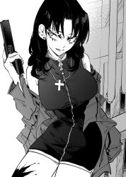 Rule 34 | 1girl, accessories, bad id, bad twitter id, black hair, blood, breasts, dress, earrings, eyelashes, greyscale, gun, highres, holding, holding gun, holding weapon, jacket, jewelry, katsuragi misato, large breasts, long hair, looking to the side, medium breasts, monochrome, neon genesis evangelion, open clothes, open jacket, shirt, simple background, weapon, white background, wl6yugi8go1
