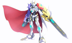 Rule 34 | 00s, arm cannon, armor, blue eyes, cape, claws, digimon, digimon (creature), digital monster x-evolution, glowing, glowing eyes, horns, lauqe, mecha, no humans, omegamon, omegamon x-antibody, robot, solo, spikes, sword, weapon