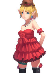 Rule 34 | 10s, 1girl, alternate costume, archer (dragon nest), bare shoulders, blonde hair, blue eyes, dragon nest, dress, earrings, elf, fkey, flower, frilled dress, frills, highres, hoop earrings, jewelry, necklace, pearl necklace, pointy ears, poochum, rose, short hair, simple background, solo, strapless, strapless dress, thighhighs, white background