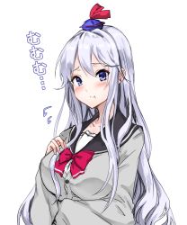 Rule 34 | 1girl, :t, absurdres, alternate costume, amagi (amagi626), black sailor collar, blue eyes, blue hat, blush, bow, breasts, cardigan, collarbone, commentary request, contemporary, ear piercing, grey jacket, hand on own chest, hat, hat ribbon, highres, jacket, kamishirasawa keine, large breasts, long hair, long sleeves, looking at viewer, mini hat, one-hour drawing challenge, piercing, red bow, red neckwear, red ribbon, ribbon, sailor collar, school uniform, silver hair, simple background, solo, touhou, translation request, upper body, very long hair, white background
