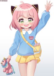 Rule 34 | 1girl, absurdres, ahoge, anya (spy x family), arm up, bag, blue shirt, blush, child, director chimera (spy x family), eyebrows, gradient background, green eyes, grey background, hair ornament, highres, kindergarten uniform, naneko342, open mouth, pink hair, shirt, short hair, simple background, skirt, smile, solo, spy x family, stuffed toy, thighs, waving, white background, yellow skirt