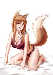 Rule 34 | 1girl, alternate breast size, animal ears, barefoot, bed, blush, breasts, brown hair, highres, holo, kneeling, large breasts, lingerie, looking at viewer, open mouth, red eyes, revealing clothes, shizuko hideyoshi, simple background, smile, solo, spice and wolf, tail, thighs, underwear, underwear only, white background, wolf ears, wolf girl, wolf tail