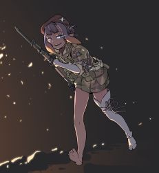 Rule 34 | 1girl, absurdres, barefoot, bayonet, blue eyes, bolt action, glowing, glowing eyes, gun, highres, hololive, hololive english, jarv, mauser 98, military, military uniform, ninomae ina&#039;nis, petals, rifle, single sock, single thighhigh, smile, socks, solo, thighhighs, thighs, uniform, virtual youtuber, weapon, white socks