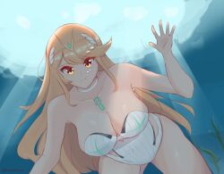 Rule 34 | 1girl, absurdres, bare shoulders, blonde hair, breasts, bubble, cleavage, cleavage cutout, clothing cutout, dayman, elbow gloves, from below, gem, gloves, hair ornament, headpiece, highres, jewelry, large breasts, long hair, looking at viewer, mythra (xenoblade), one-piece swimsuit, solo, swimming, swimsuit, tiara, underwater, upper body, very long hair, water, xenoblade chronicles (series), xenoblade chronicles 2, yellow eyes
