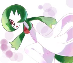 Rule 34 | 1girl, bob cut, colored skin, cowboy shot, creatures (company), dutch angle, female focus, flat chest, from side, game freak, gardevoir, gen 3 pokemon, green hair, green skin, hand up, hao (pixiv 10705622), happy, leg up, looking at viewer, lowres, multicolored skin, nintendo, open mouth, pokemon, pokemon (creature), red eyes, short hair, smile, solo, standing, two-tone skin, white background, white skin