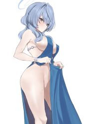 Rule 34 | 1girl, ako (blue archive), ako (dress) (blue archive), backless dress, backless outfit, blue archive, blue dress, blue eyes, blue hair, blue halo, breasts, clothes lift, dress, hairband, halo, large breasts, lifted by self, long hair, navel, no panties, official alternate costume, osanpo02, plunging neckline, sideboob, sideless dress, single handcuff, skirt, skirt lift, sleeveless, sleeveless dress, solo, standing, white background