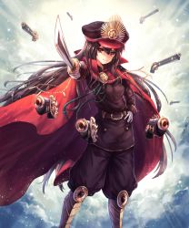 Rule 34 | 1girl, armor, black hair, cape, fate (series), gloves, gun, hat, japanese clothes, katana, koha-ace, long hair, looking at viewer, military, military uniform, oda nobunaga (fate), oda nobunaga (koha-ace), oukatihiro, peaked cap, red eyes, rifle, smile, solo, sword, uniform, weapon, white gloves