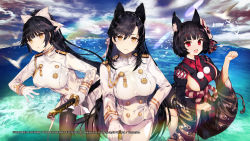 Rule 34 | 3girls, :d, animal ear fluff, animal ears, atago (azur lane), azur lane, bell, black hair, black legwear, blue sky, blush, bow, breasts, cat ears, closed mouth, cloud, day, extra ears, fang, gloves, hair bow, hair flaps, hair ribbon, hand on hilt, highres, holding, holding sword, holding weapon, japanese clothes, katana, kimono, large breasts, long hair, looking at viewer, mask, mask on head, military, military uniform, miniskirt, mole, mole under eye, multiple girls, official art, official wallpaper, open mouth, outdoors, pantyhose, parted lips, pleated skirt, ponytail, red eyes, ribbon, short hair, sideboob, skin fang, skirt, sky, smile, swept bangs, sword, takao (azur lane), tetsubuta, thighhighs, uniform, very long hair, wallpaper, watermark, weapon, white bow, white legwear, white ribbon, yamashiro (azur lane), yellow eyes