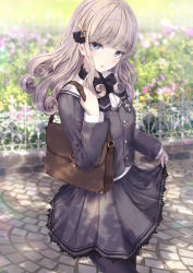 Rule 34 | 1girl, black pantyhose, black serafuku, black shirt, black skirt, blurry, blurry background, briefcase, commentary request, day, depth of field, fence, flower, grey hair, hand up, highres, long hair, looking at viewer, missile228, original, outdoors, pantyhose, parted lips, pink flower, sailor collar, school briefcase, school uniform, serafuku, shirt, skirt, skirt hold, smile, solo, white flower, white sailor collar, yellow flower