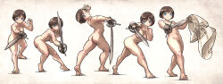 Rule 34 | 1girl, absurdres, ass, blue eyes, breasts, brown hair, completely nude, fighting stance, highres, holding, holding sword, holding weapon, ironlily, medium breasts, muscular, muscular female, navel, nude, ordo mediare sisters (ironlily), rapier, shirt, short hair, sword, t-shirt, weapon, weapons instructor (ironlily)