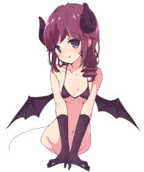 Rule 34 | 1girl, :q, bare shoulders, bikini, blush, breasts, collarbone, curled horns, demon girl, demon horns, demon tail, gloves, highres, horns, looking at viewer, machikado mazoku, mel (melty pot), navel, purple bikini, purple eyes, purple gloves, simple background, small breasts, smile, swimsuit, tail, tongue, tongue out, white background, yoshida ryouko