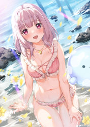 Rule 34 | 1girl, :d, bare arms, bare shoulders, bikini, blush, breasts, cleavage, collarbone, commentary request, day, duplicate, flower, flower on liquid, frilled bikini, frills, grey hair, highres, jewelry, long hair, looking at viewer, medium breasts, navel, necklace, nijisanji, open mouth, outdoors, petals, petals on liquid, pink bikini, pixel-perfect duplicate, plaid, plaid bikini, purple eyes, shallow water, shiina yuika, shiina yuika (6th costume), sitting, smile, solo, swimsuit, thigh gap, virtual youtuber, water, yellow flower, yuuri nayuta